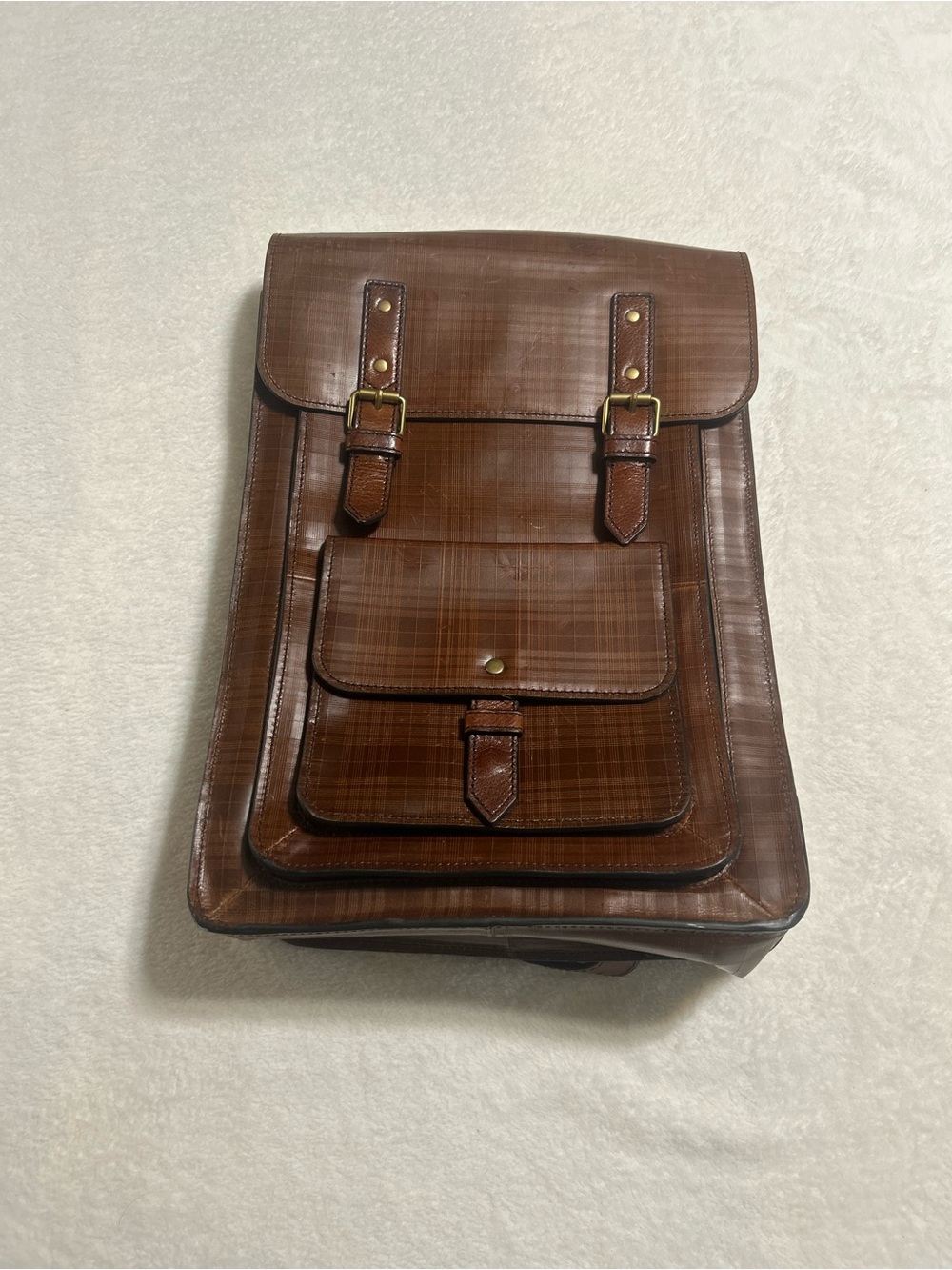 Fossil Brown Plaid Leather Backpack Vintage Style Buckle Bookbag - Picture 3 of 10